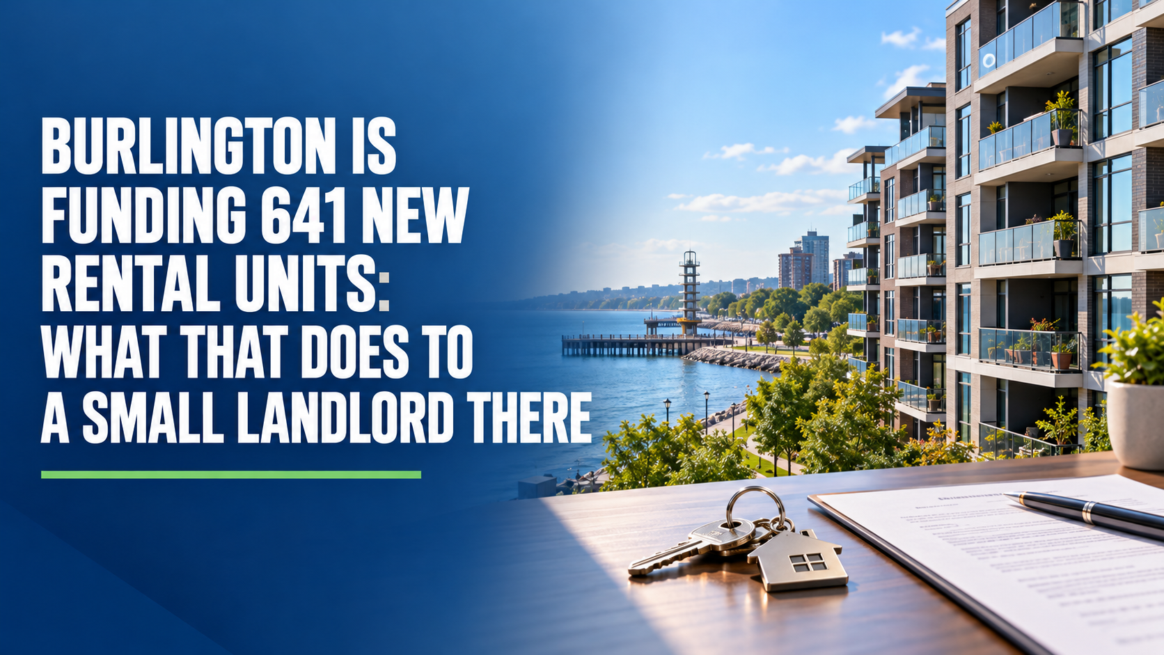 New rental apartments overlooking Burlington’s waterfront, with house keys and a lease representing the impact of 641 funded rental units on small landlords.