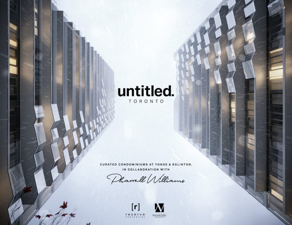 Exterior rendering of Untitled Toronto Condos with logo and Pharrell Williams signature.