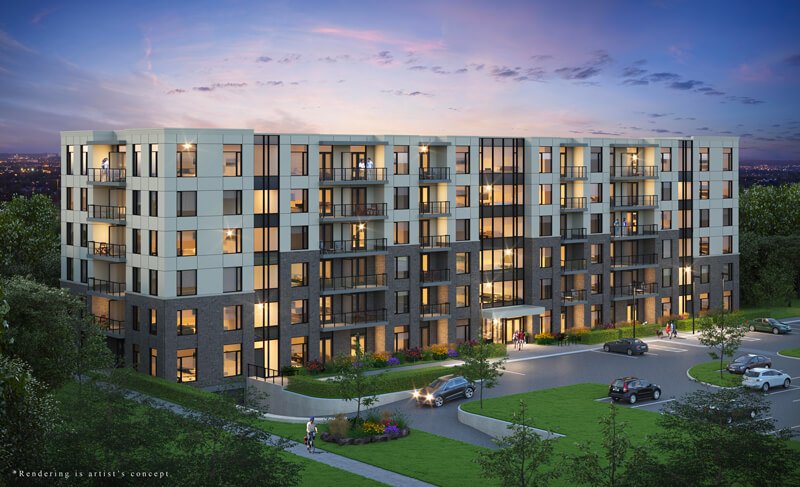 Exterior rendering of Spur Line Common condos building exterior with surrounding greenery and outdoor resident parking.