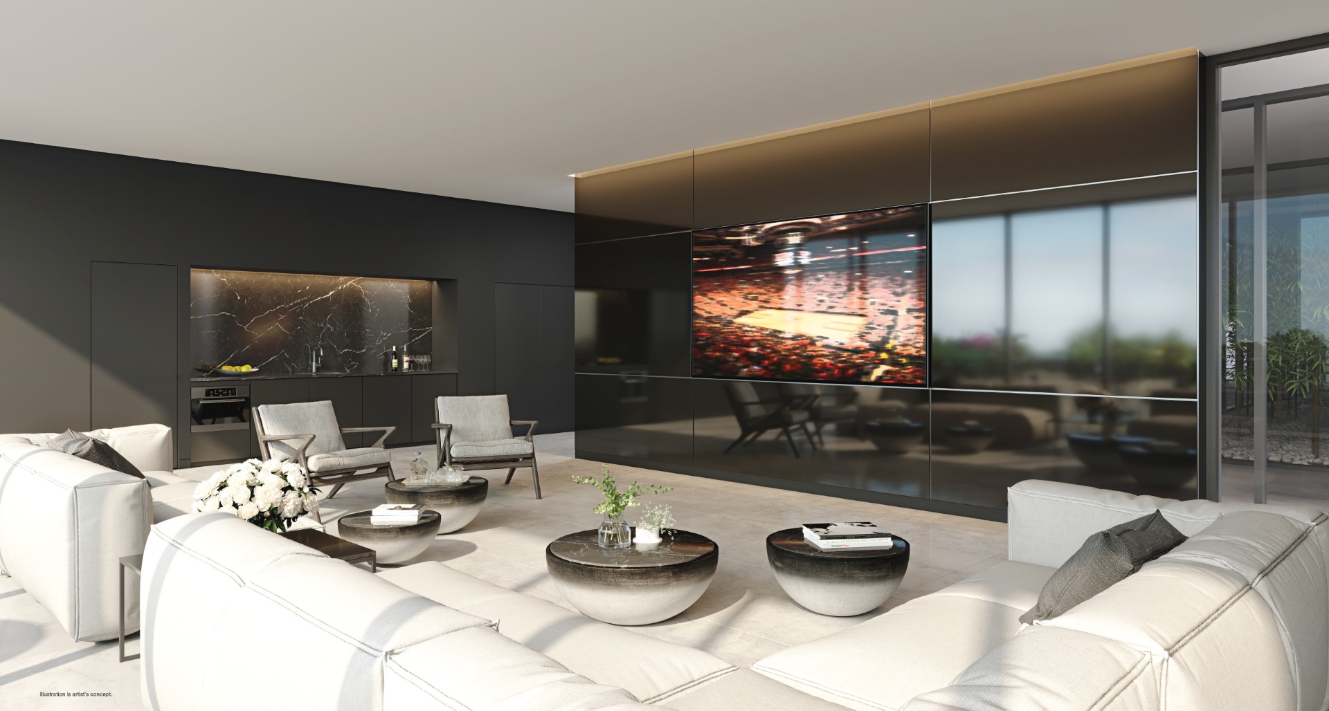 Rendering of 28 Eastern Condos media lounge.