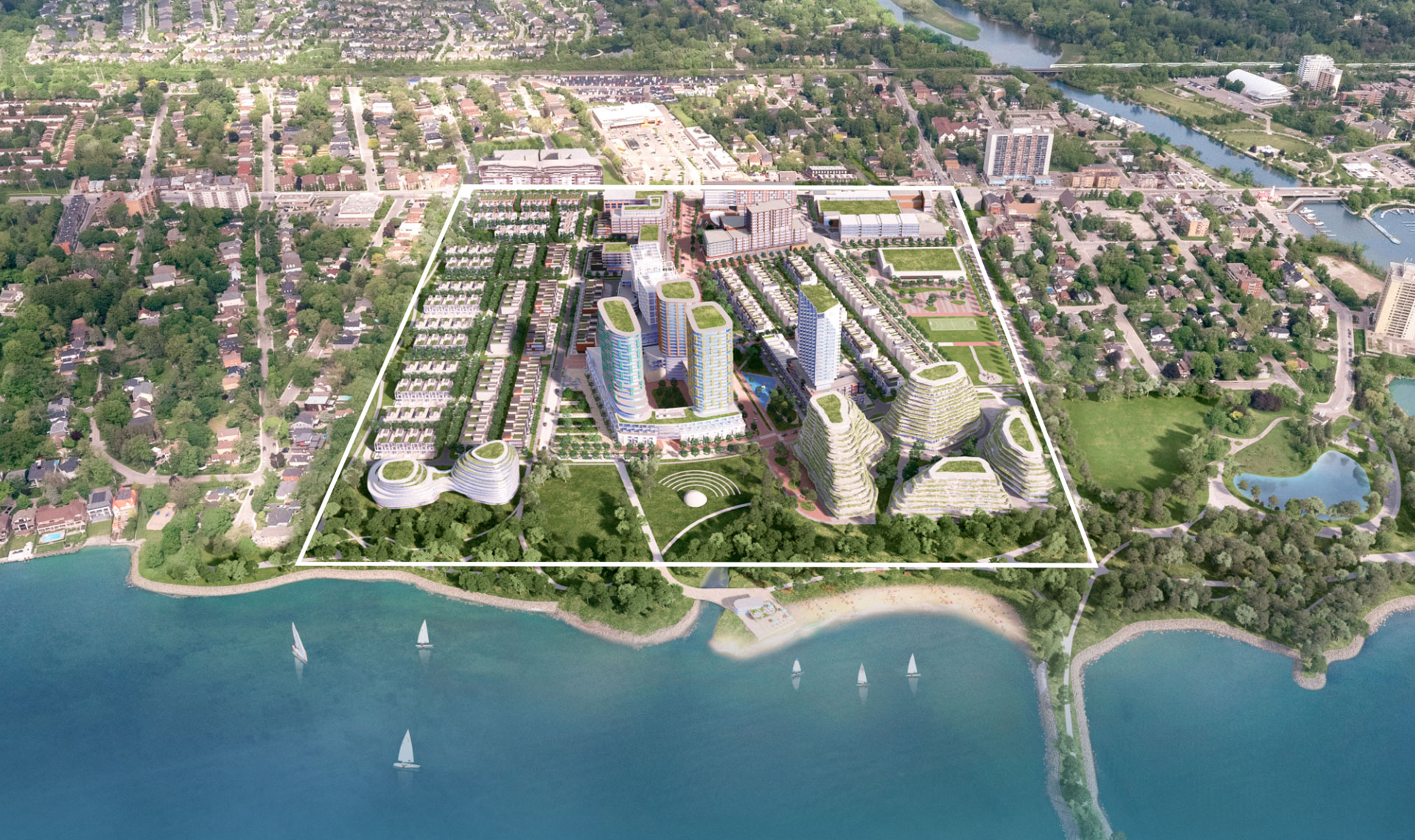 Aerial of Brightwater Community Condos and Townhomes in Port Credit.