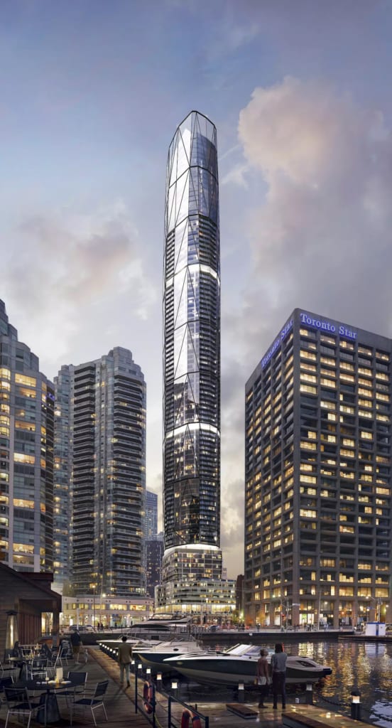 Sky Tower rendering of full condo at dusk near the waterfront.