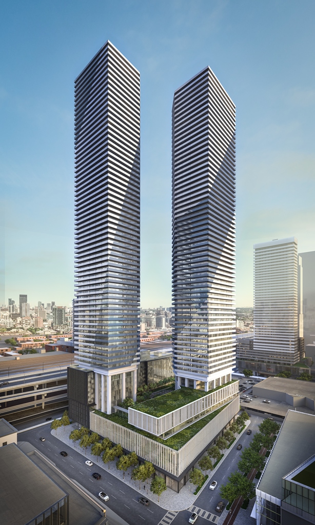 Rendering of Sugar Wharf Condos tower 1 and 2 exteriors.