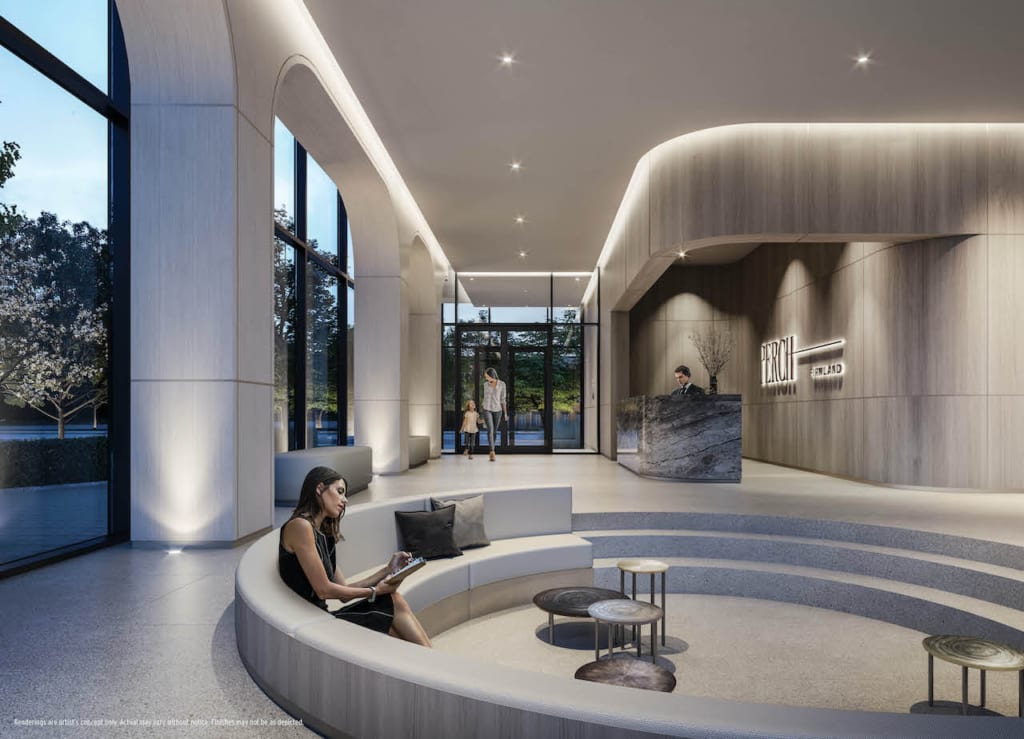 Rendering of Perch Condos lobby with concierge