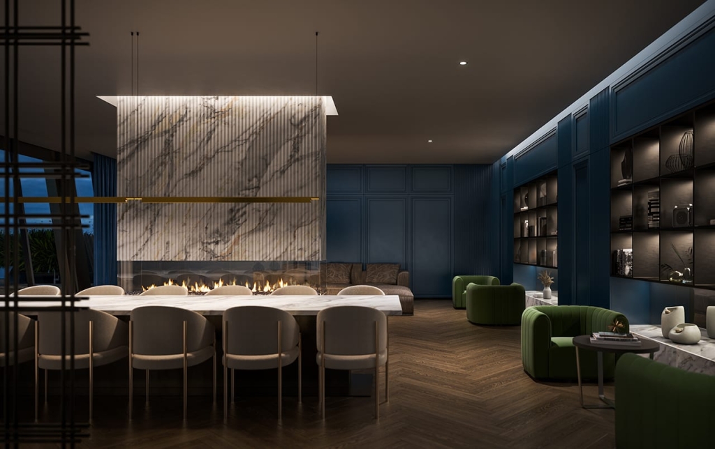 Rendering of 8 Elm Condos party room at night