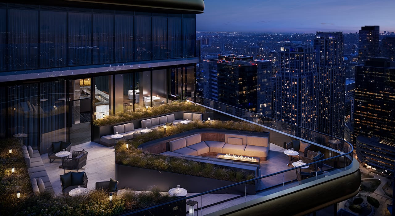 Rendering of 8 Elm Condos rooftop terrace at night