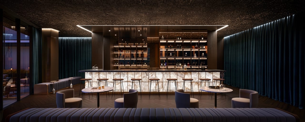 Rendering of 8 Elm Condos event space with bar