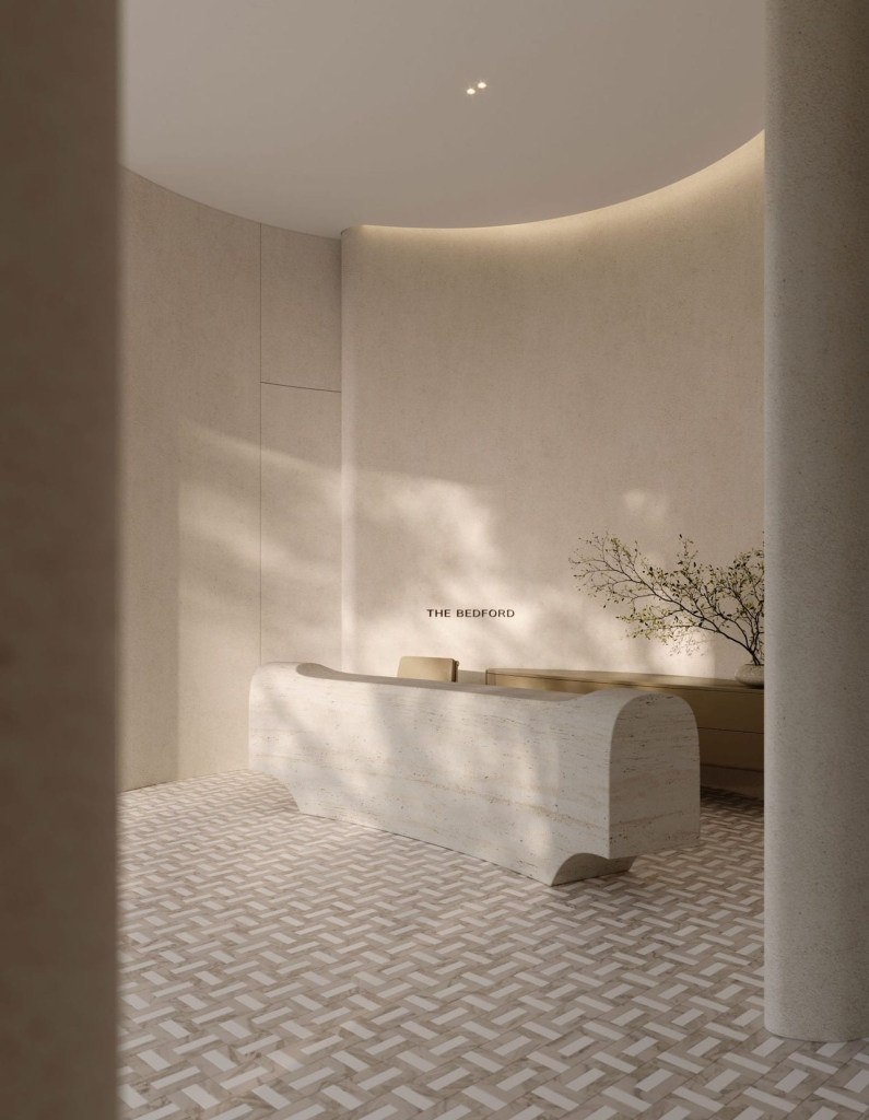 Rendering of The Bedford lobby with concierge