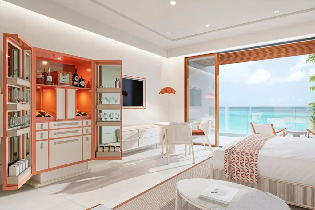 Chic bedroom interior at Vie L'Ven with a custom bar area, highlighting luxury living in St. Maarten.