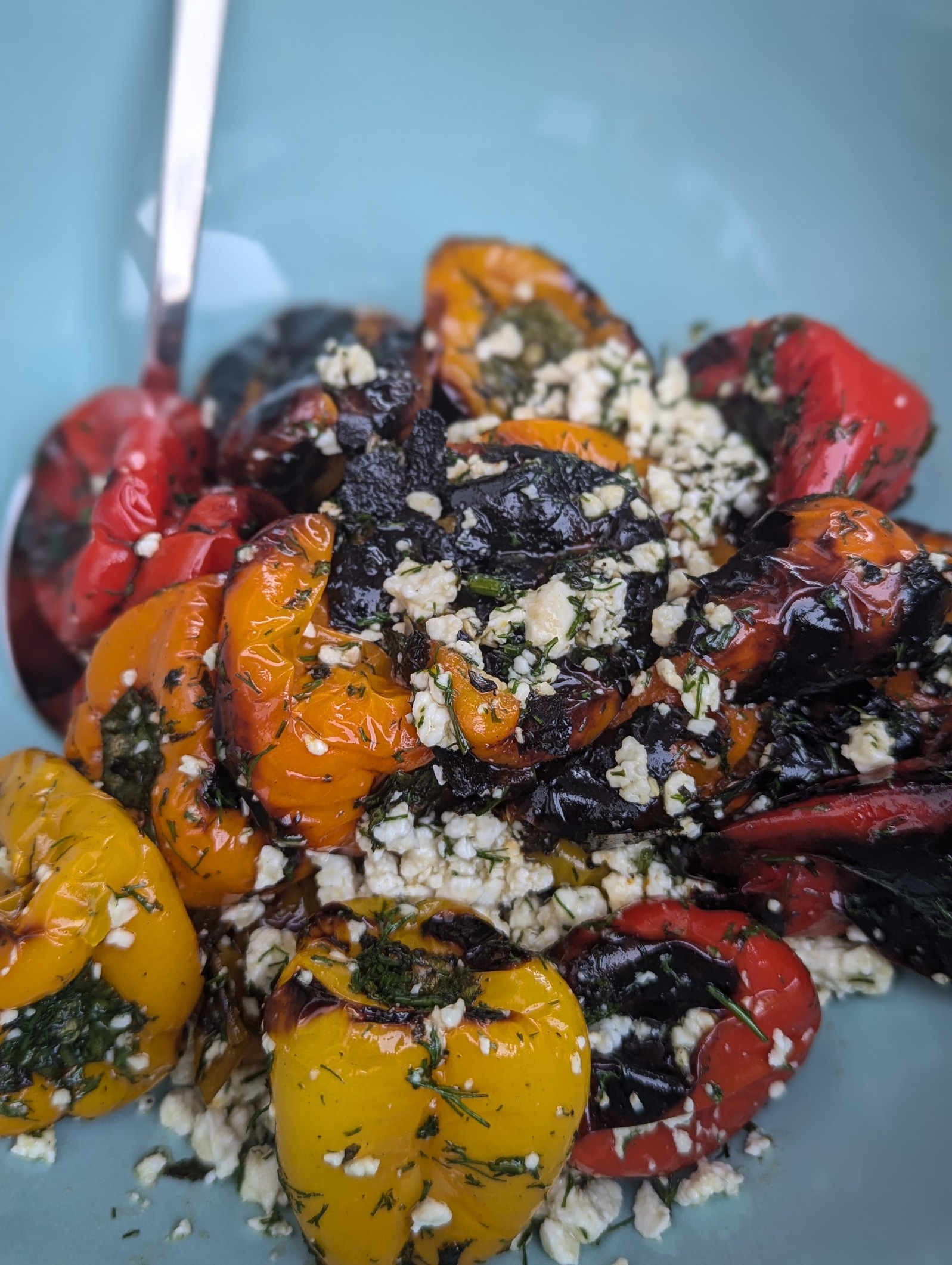 Grilled Baby Peppers with Feta, Mint, Dill & Basil