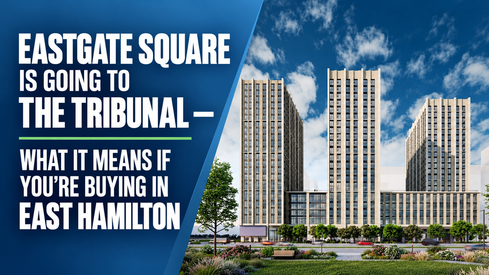 Rendering of the proposed Eastgate Square residential towers in East Hamilton, illustrating the redevelopment’s move to the Ontario Land Tribunal.