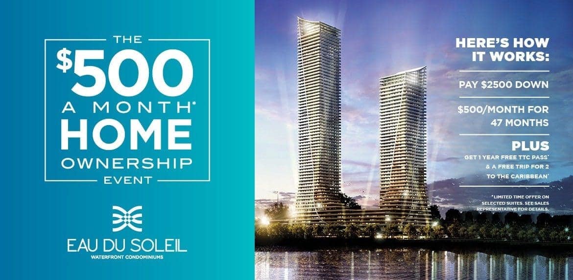 Eau Du Soleil Condo’s Incredible Deposit Structure Promotion – $2500 Down and $500/month for 47 Months