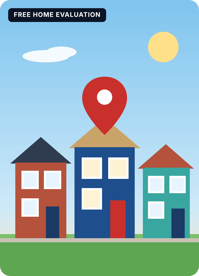 A row of colourful houses with a map pin over one, for a free home evaluation
