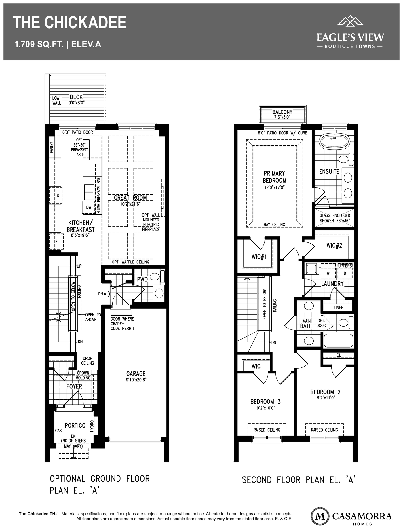The Chickadee floor plan, Eagle's View Bolton — optional ground floor and second floor, Elevation A