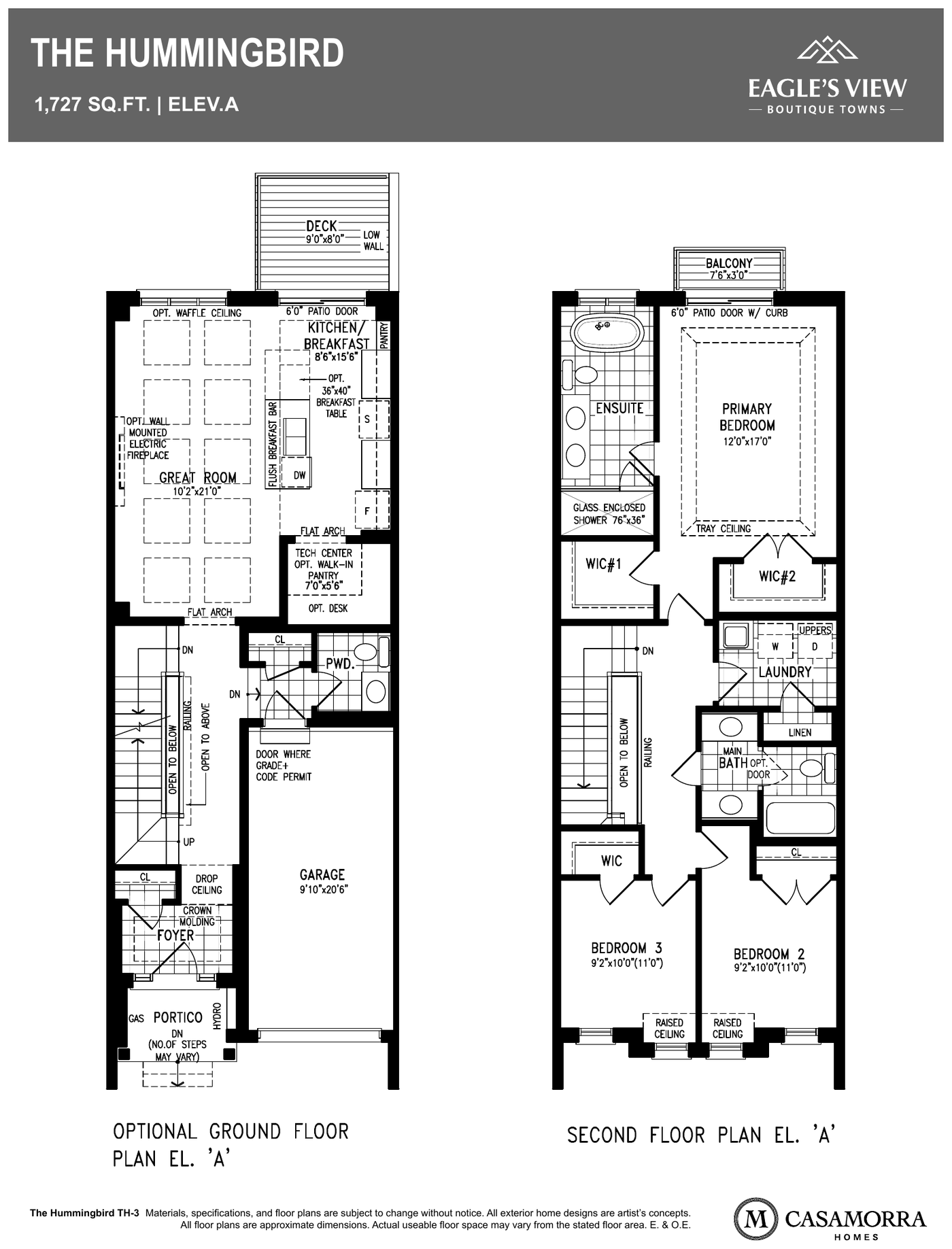 The Hummingbird floor plan, Eagle's View Bolton — optional ground floor and second floor, Elevation A