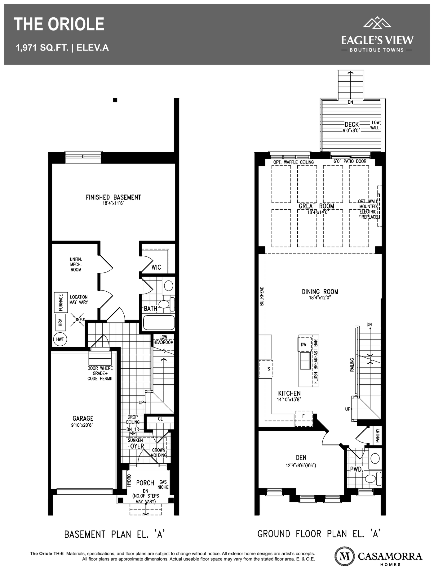 The Oriole floor plan, Eagle's View Bolton — finished basement and ground floor, Elevation A